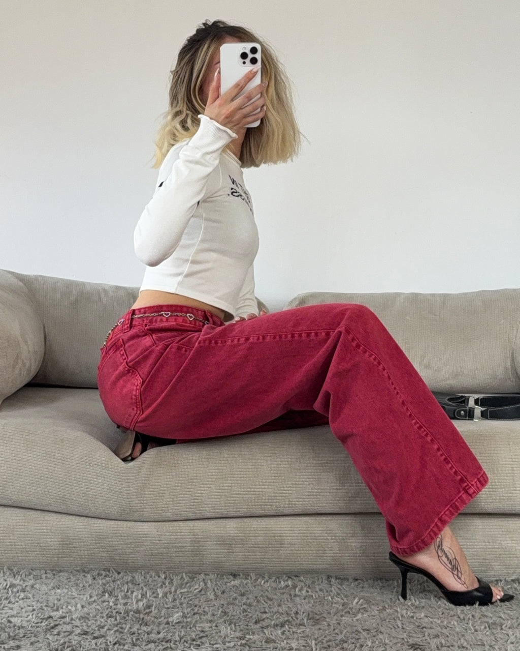 Jeans Wide Leg Washed - Rojo