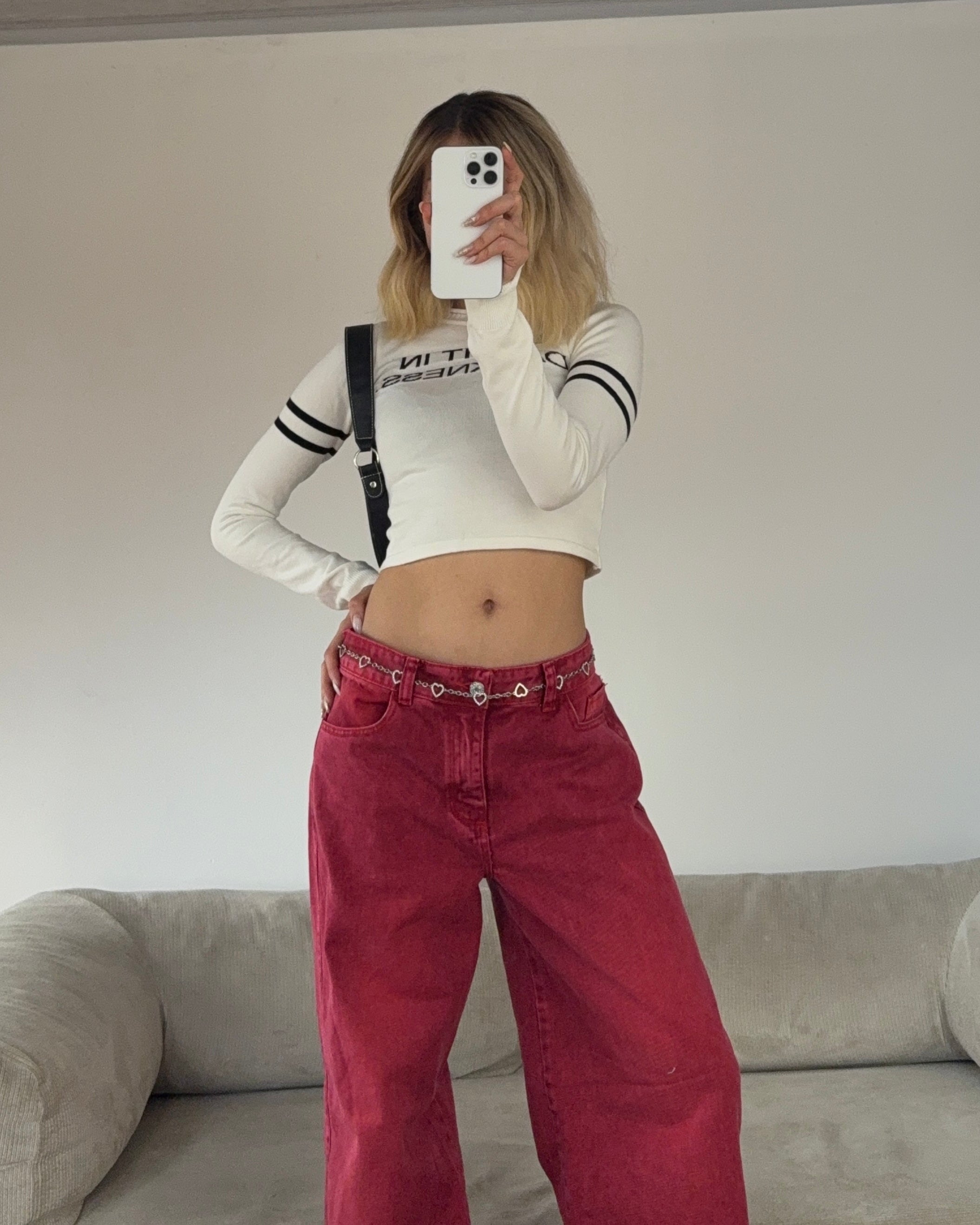 Jeans Wide Leg Washed - Rojo