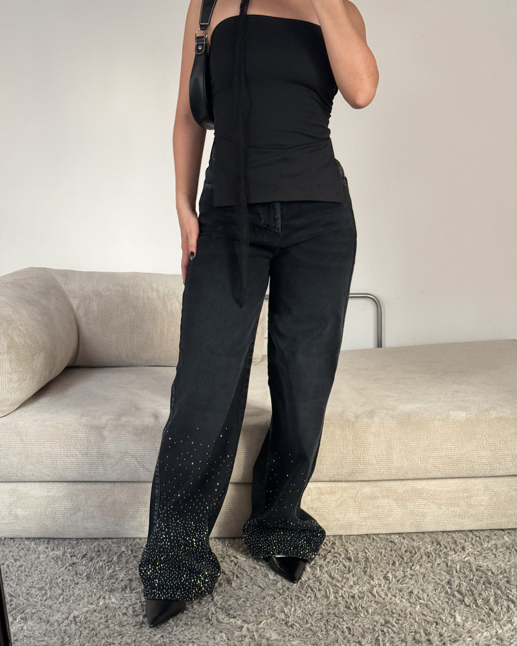 Jeans Wide Leg - Black Shine