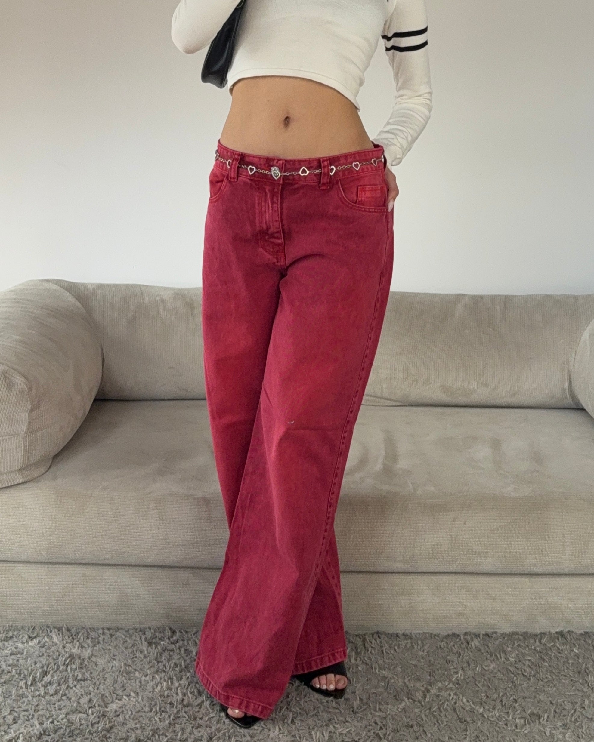 Jeans Wide Leg Washed - Rojo